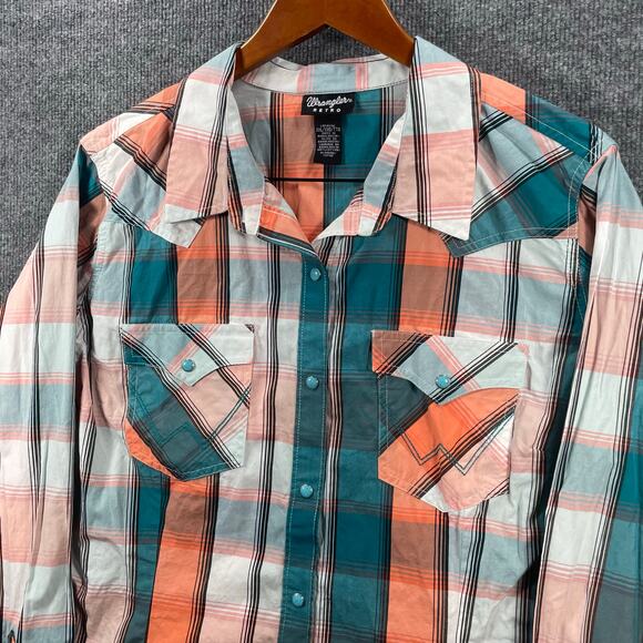 Wrangler Retro Pearl Snap Western Shirt Men's XXL Orange/Green Plaid Cowboy - Picture 2 of 12